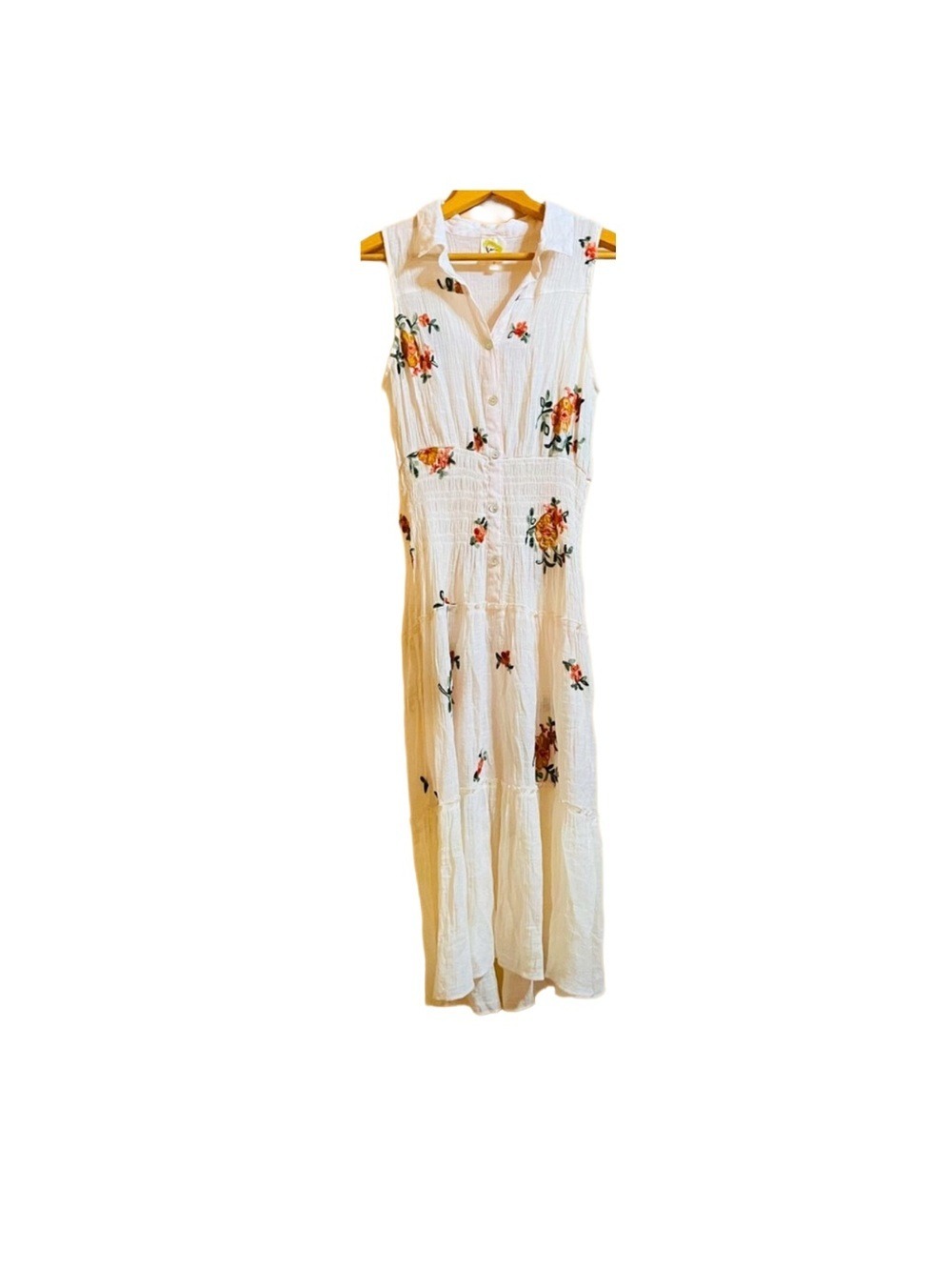 EUC-Fig & Flower Cream Boho Embroidered Sleeveless Gauze Button-Front Maxi Dress